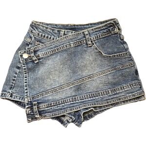 Womens Denim Skort Acid Wash Faux Wrap Mini Skirt Shorts Jean XS